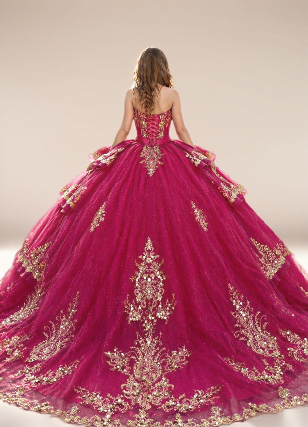 Strapless Fuchsia Quinceanera Dress with Gold Beaded Embroidery Ball Gown - ZapDress (ZD17549)
