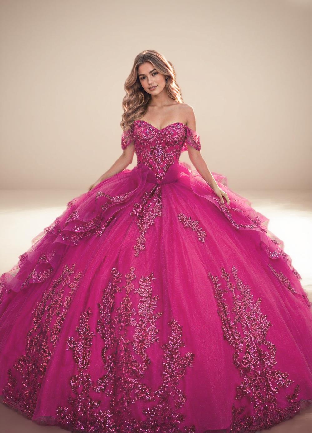 Off Shoulder Sequin Quinceanera Dress Fuchsia Ball Gown with Beaded Appliques - ZapDress (ZD17550)