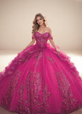 Off Shoulder Sequin Quinceanera Dress Fuchsia Ball Gown with Beaded Appliques - ZapDress (ZD17550)