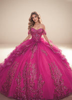 Off Shoulder Sequin Quinceanera Dress Fuchsia Ball Gown with Beaded Appliques - ZapDress (ZD17550)