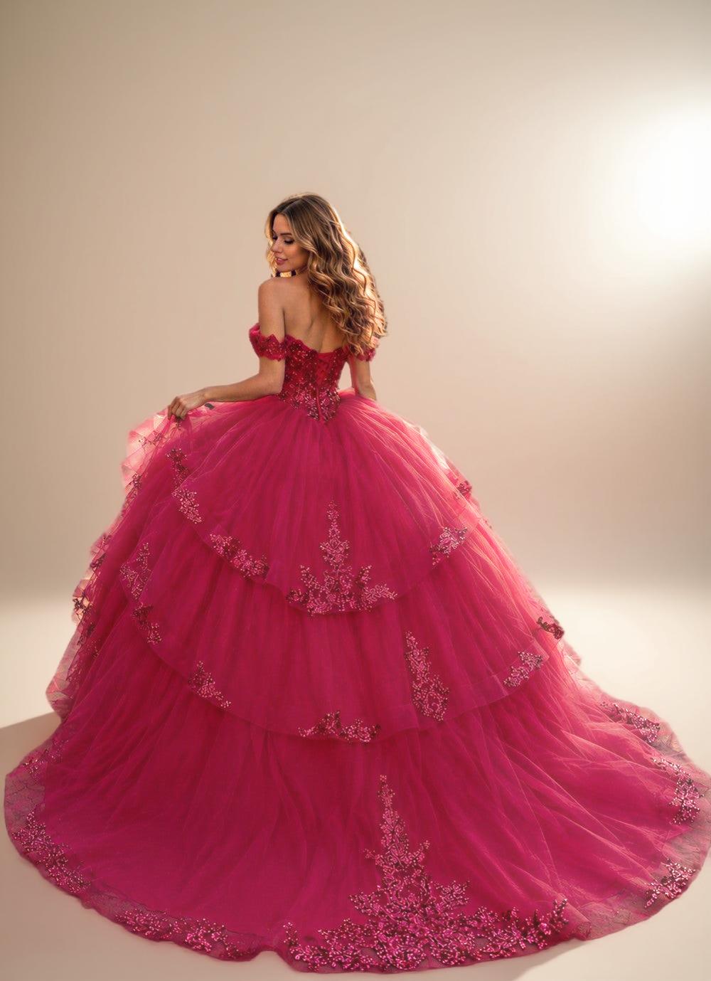 Off Shoulder Sequin Quinceanera Dress Fuchsia Ball Gown with Beaded Appliques - ZapDress (ZD17550)