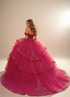 Off Shoulder Sequin Quinceanera Dress Fuchsia Ball Gown with Beaded Appliques - ZapDress (ZD17550)