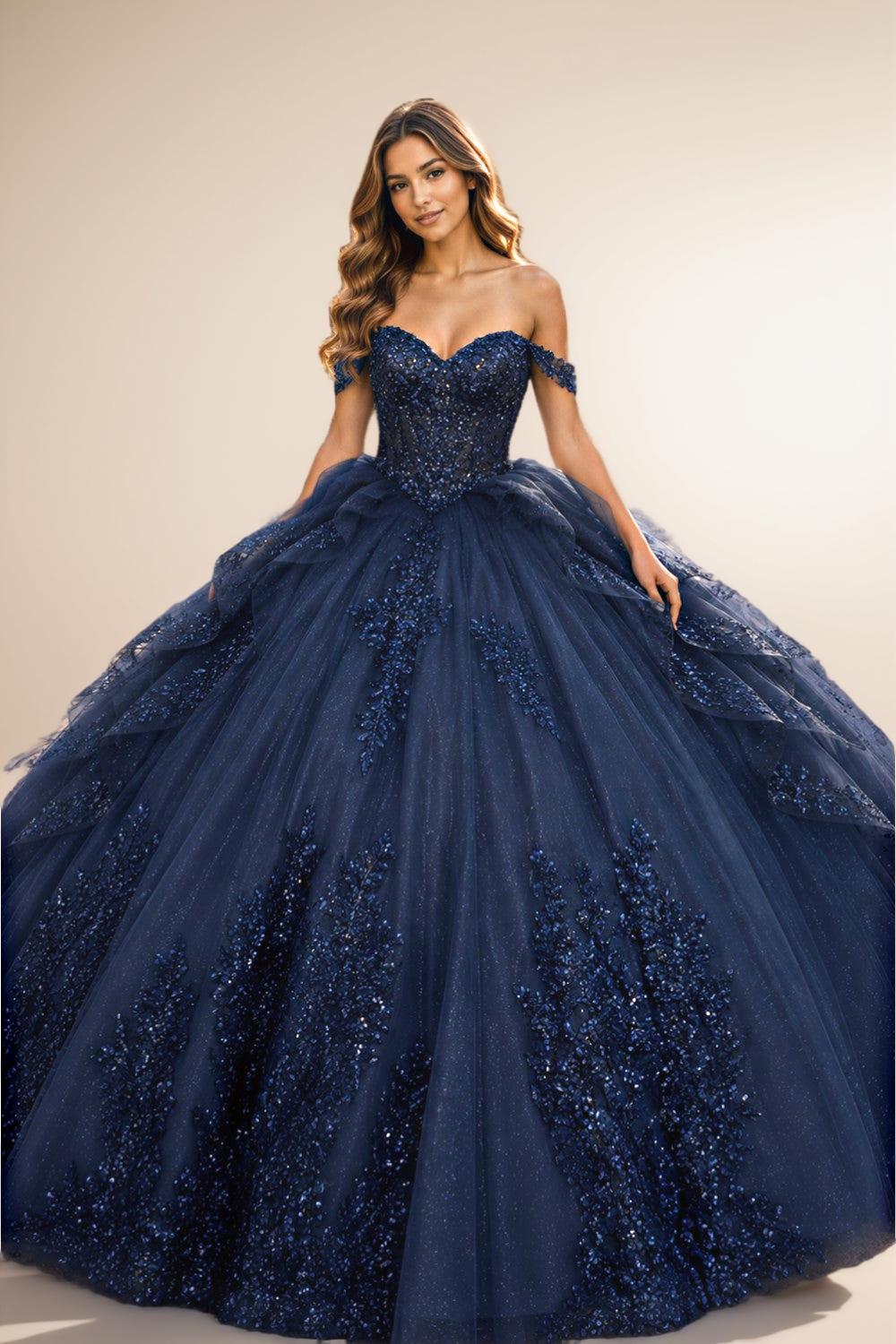 Off Shoulder Sequin Quinceanera Dress Fuchsia Ball Gown with Beaded Appliques - ZapDress (ZD17550)