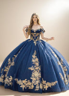 Navy Off Shoulder Quinceanera Dress with Gold Floral Applique Ball Gown - ZapDress (ZD17551)