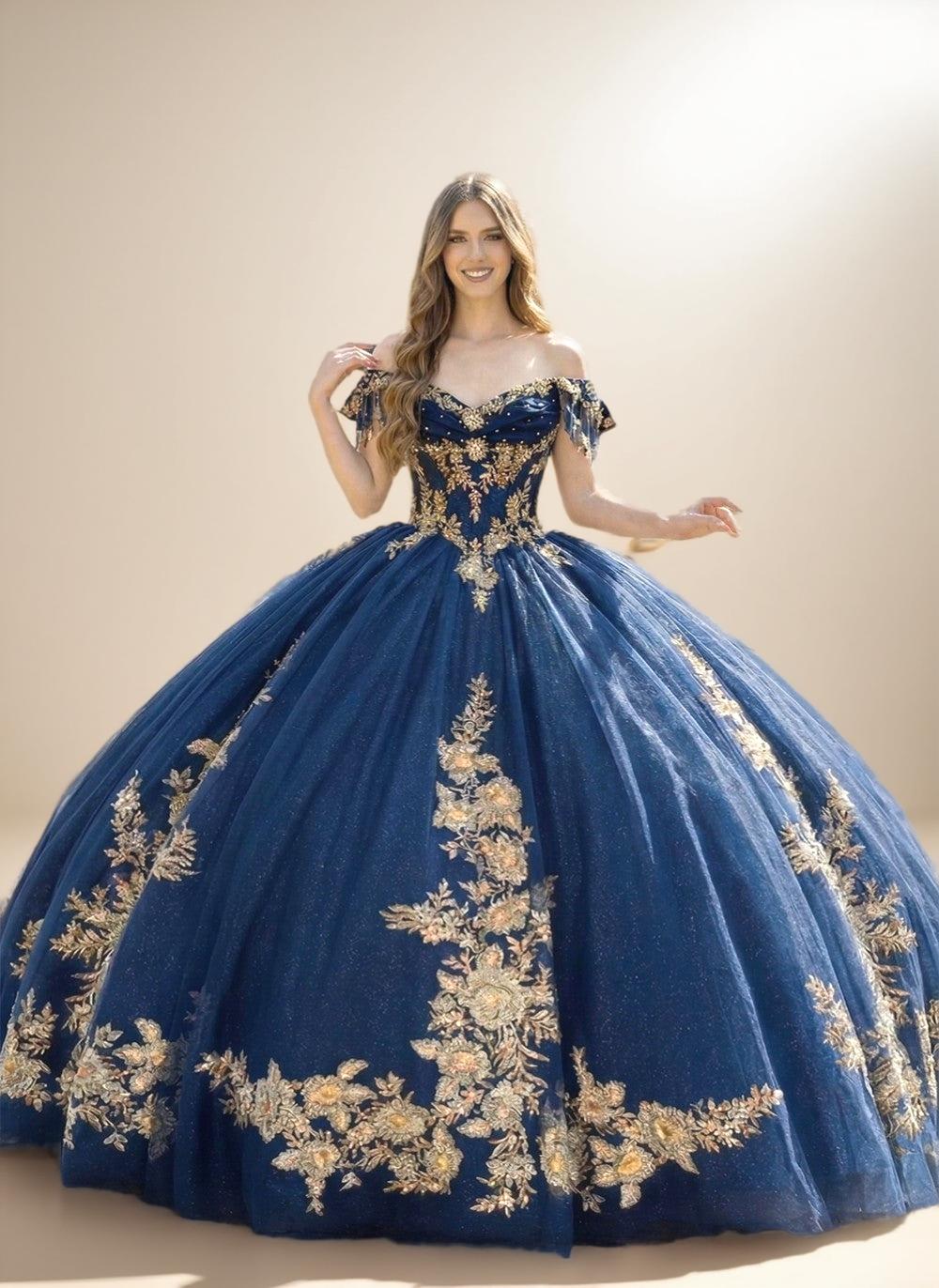Navy Off Shoulder Quinceanera Dress with Gold Floral Applique Ball Gown - ZapDress (ZD17551)