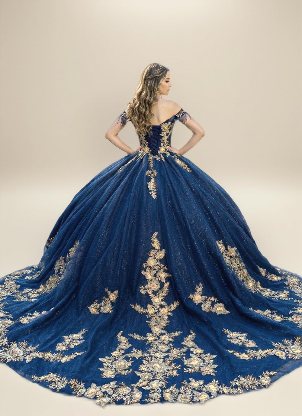Navy Off Shoulder Quinceanera Dress with Gold Floral Applique Ball Gown - ZapDress (ZD17551)