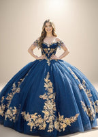 Navy Off Shoulder Quinceanera Dress with Gold Floral Applique Ball Gown - ZapDress (ZD17551)