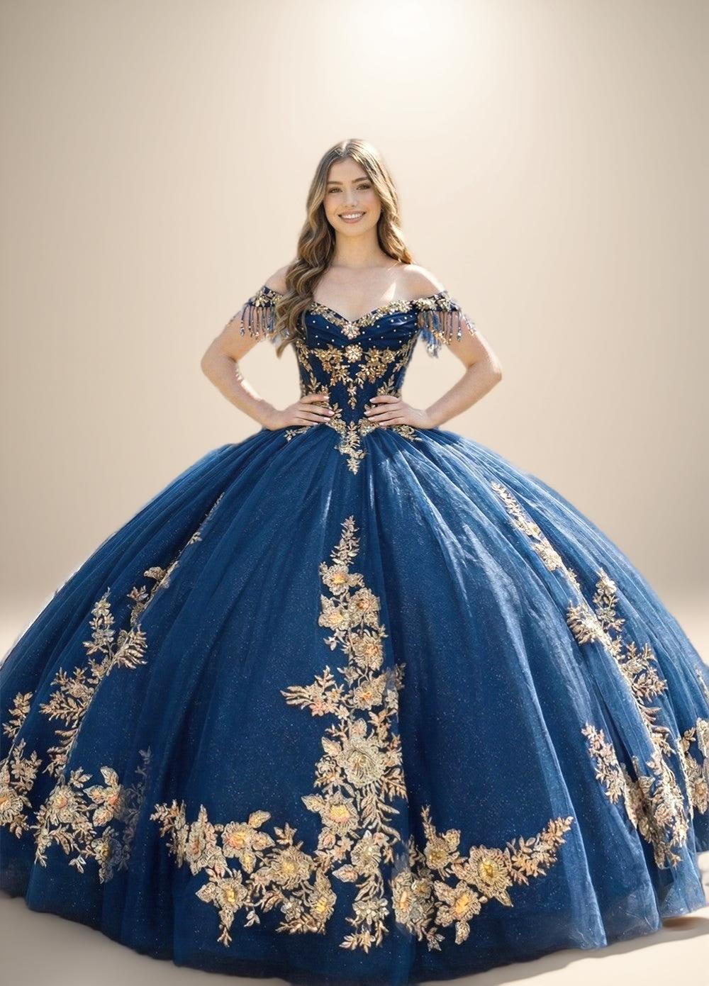 Navy Off Shoulder Quinceanera Dress with Gold Floral Applique Ball Gown - ZapDress (ZD17551)