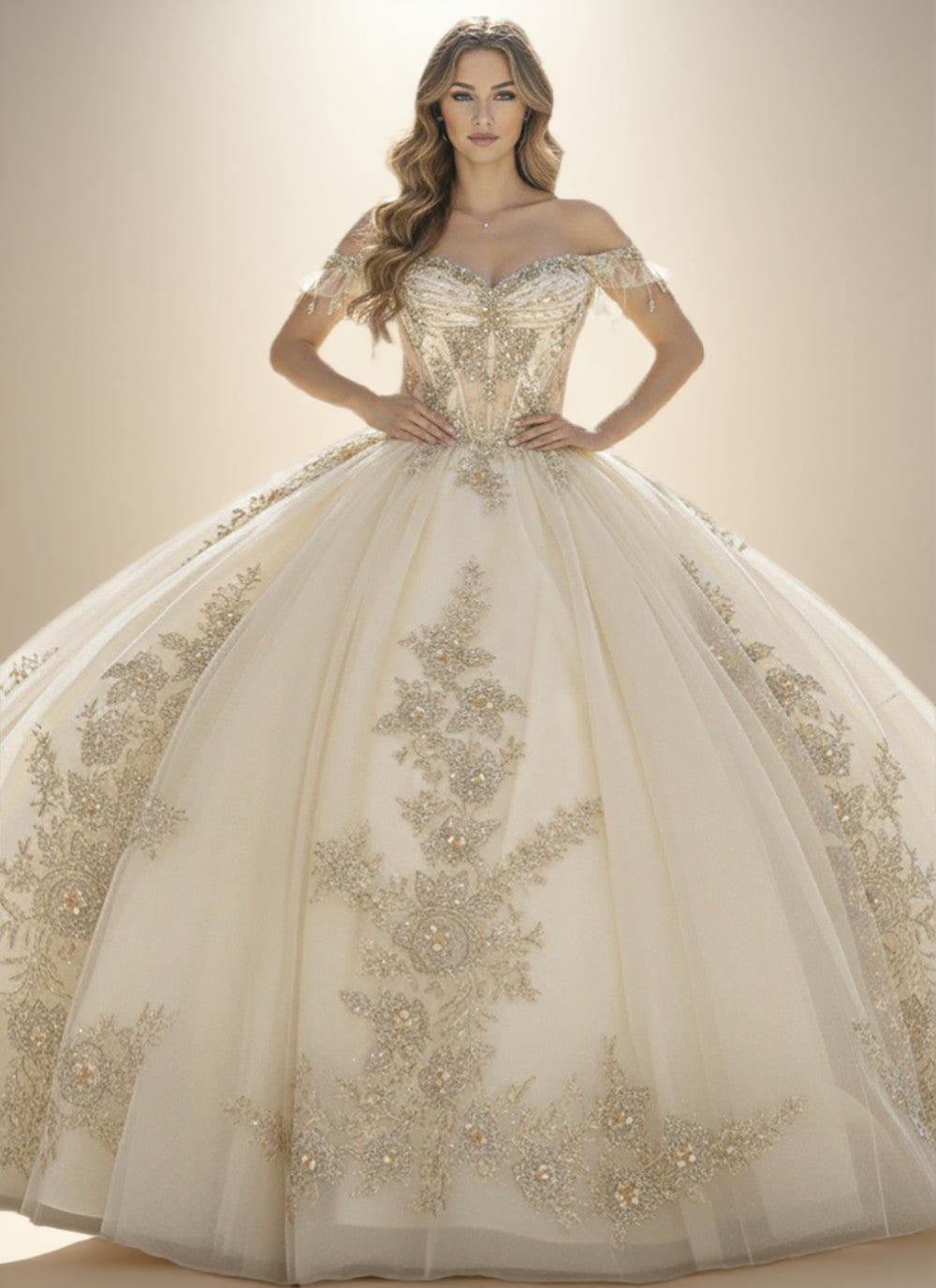 Navy Off Shoulder Quinceanera Dress with Gold Floral Applique Ball Gown - ZapDress (ZD17551)