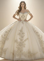Navy Off Shoulder Quinceanera Dress with Gold Floral Applique Ball Gown - ZapDress (ZD17551)