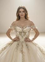 Navy Off Shoulder Quinceanera Dress with Gold Floral Applique Ball Gown - ZapDress (ZD17551)