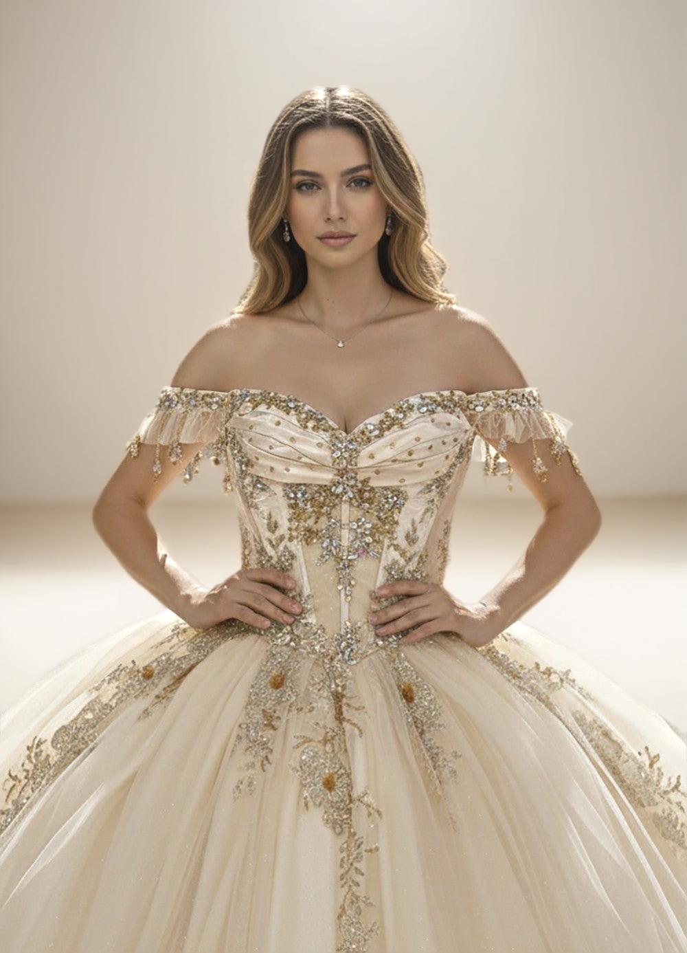 Navy Off Shoulder Quinceanera Dress with Gold Floral Applique Ball Gown - ZapDress (ZD17551)