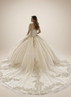 Navy Off Shoulder Quinceanera Dress with Gold Floral Applique Ball Gown - ZapDress (ZD17551)