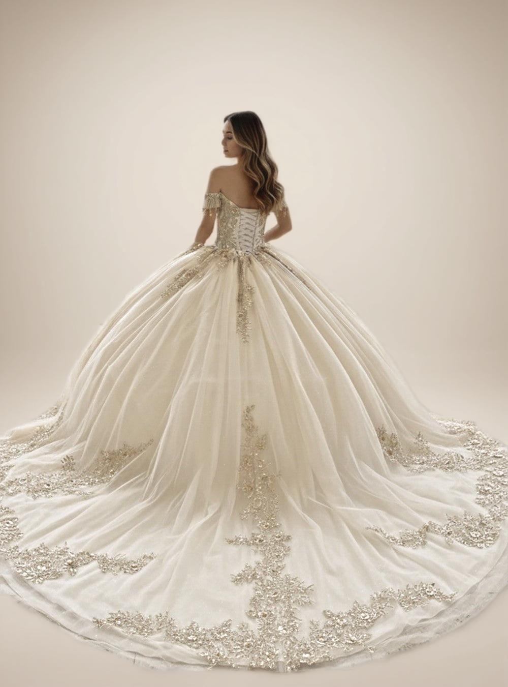 Navy Off Shoulder Quinceanera Dress with Gold Floral Applique Ball Gown - ZapDress (ZD17551)