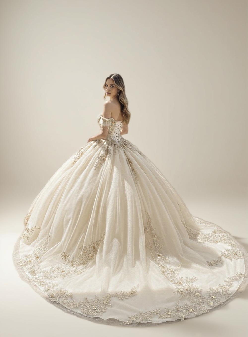 Navy Off Shoulder Quinceanera Dress with Gold Floral Applique Ball Gown - ZapDress (ZD17551)