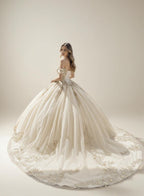 Navy Off Shoulder Quinceanera Dress with Gold Floral Applique Ball Gown - ZapDress (ZD17551)