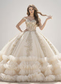 Champagne Off Shoulder Ruffled Quinceanera Dress Ball Gown with Lace Applique - ZapDress (ZD17552)