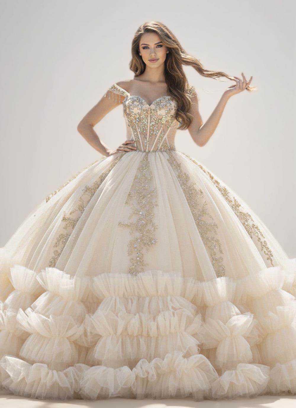 Champagne Off Shoulder Ruffled Quinceanera Dress Ball Gown with Lace Applique - ZapDress (ZD17552)