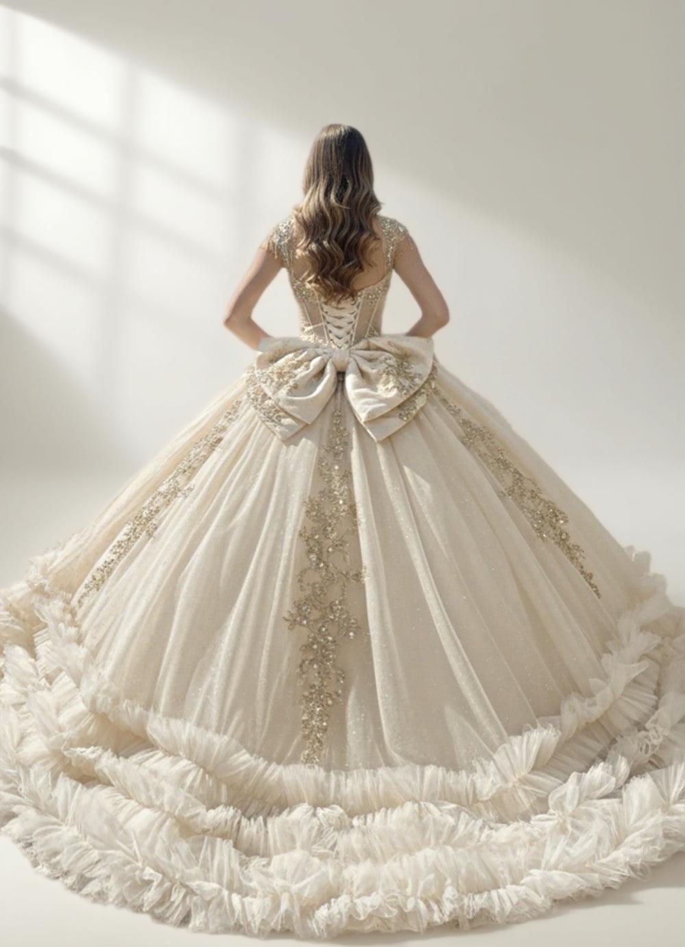 Champagne Off Shoulder Ruffled Quinceanera Dress Ball Gown with Lace Applique - ZapDress (ZD17552)