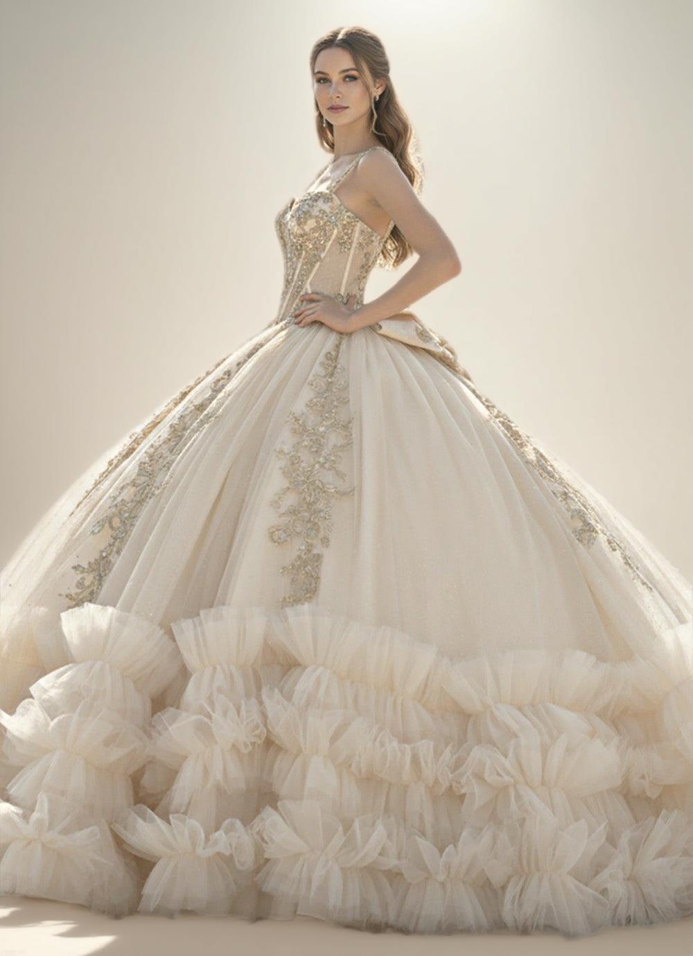 Champagne Off Shoulder Ruffled Quinceanera Dress Ball Gown with Lace Applique - ZapDress (ZD17552)