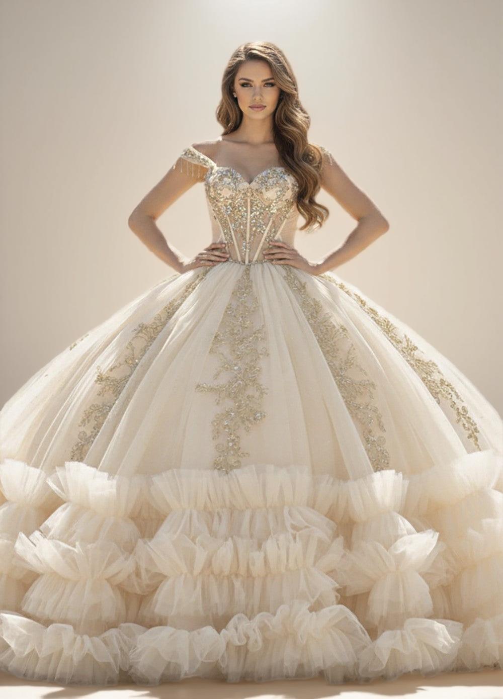 Champagne Off Shoulder Ruffled Quinceanera Dress Ball Gown with Lace Applique - ZapDress (ZD17552)
