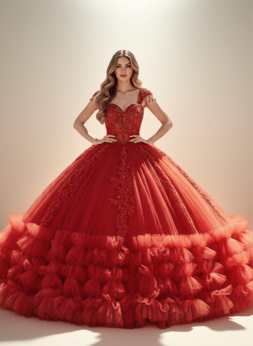 Champagne Off Shoulder Ruffled Quinceanera Dress Ball Gown with Lace Applique - ZapDress (ZD17552)