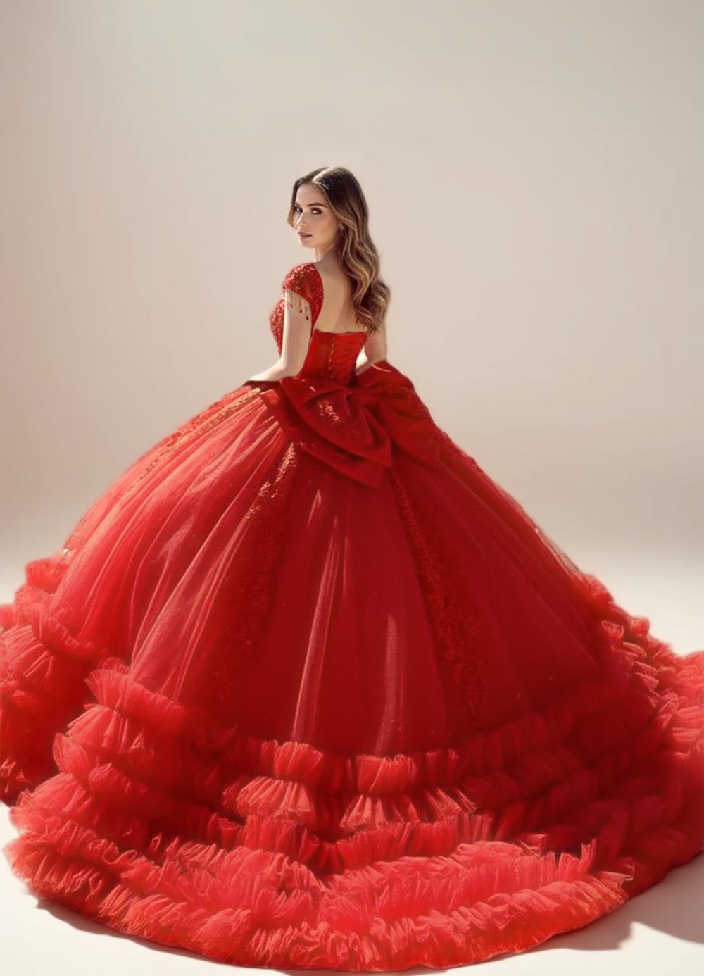 Champagne Off Shoulder Ruffled Quinceanera Dress Ball Gown with Lace Applique - ZapDress (ZD17552)