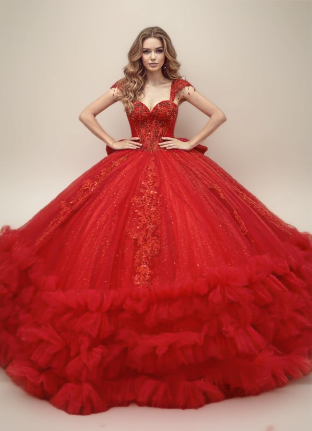 Champagne Off Shoulder Ruffled Quinceanera Dress Ball Gown with Lace Applique - ZapDress (ZD17552)