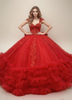 Champagne Off Shoulder Ruffled Quinceanera Dress Ball Gown with Lace Applique - ZapDress (ZD17552)