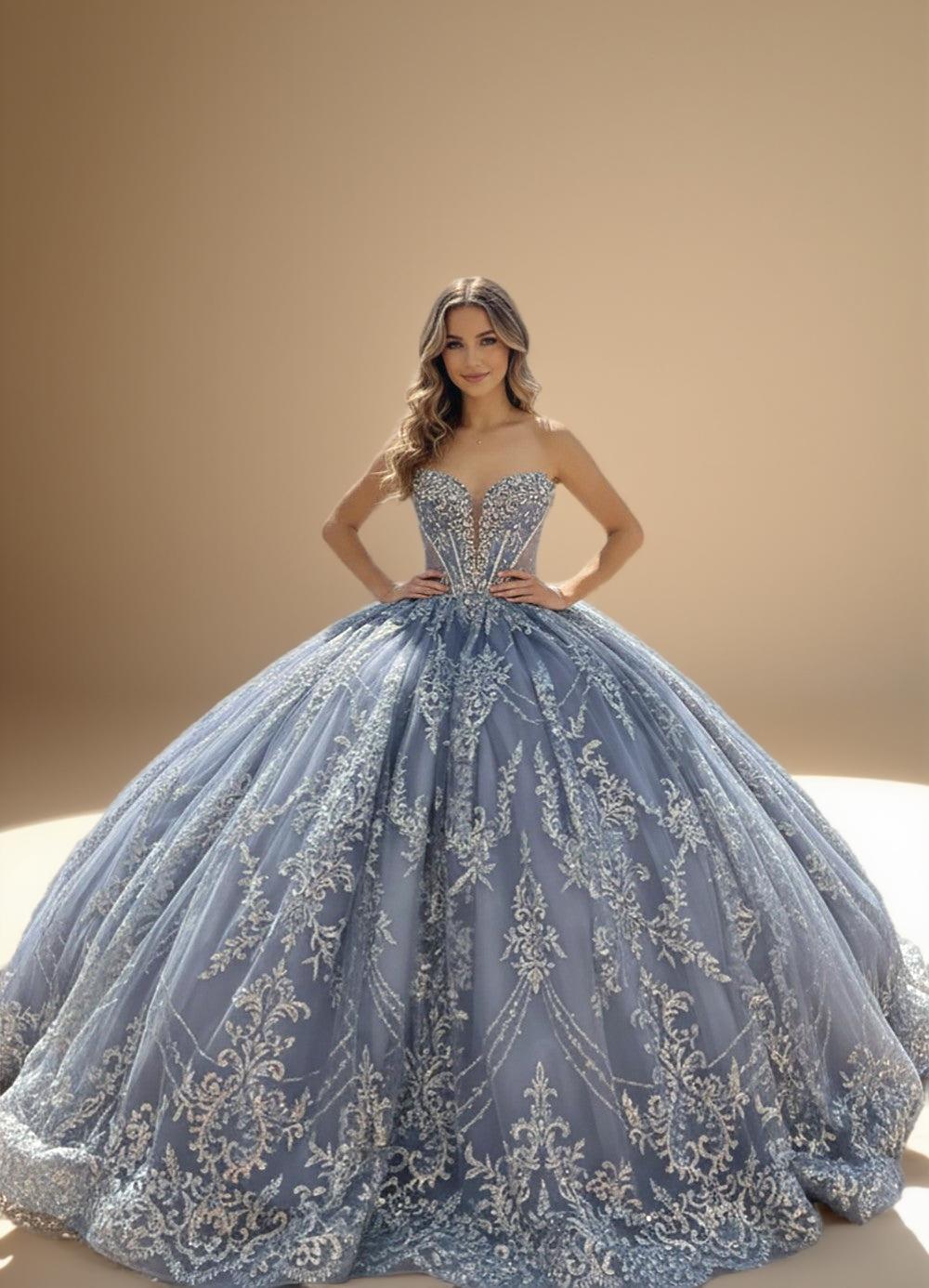 Beaded Cap Sleeve Glitter Tulle Quinceanera Ball Gown in Blue (ZD17553)