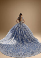 Beaded Cap Sleeve Glitter Tulle Quinceanera Ball Gown in Blue (ZD17553)