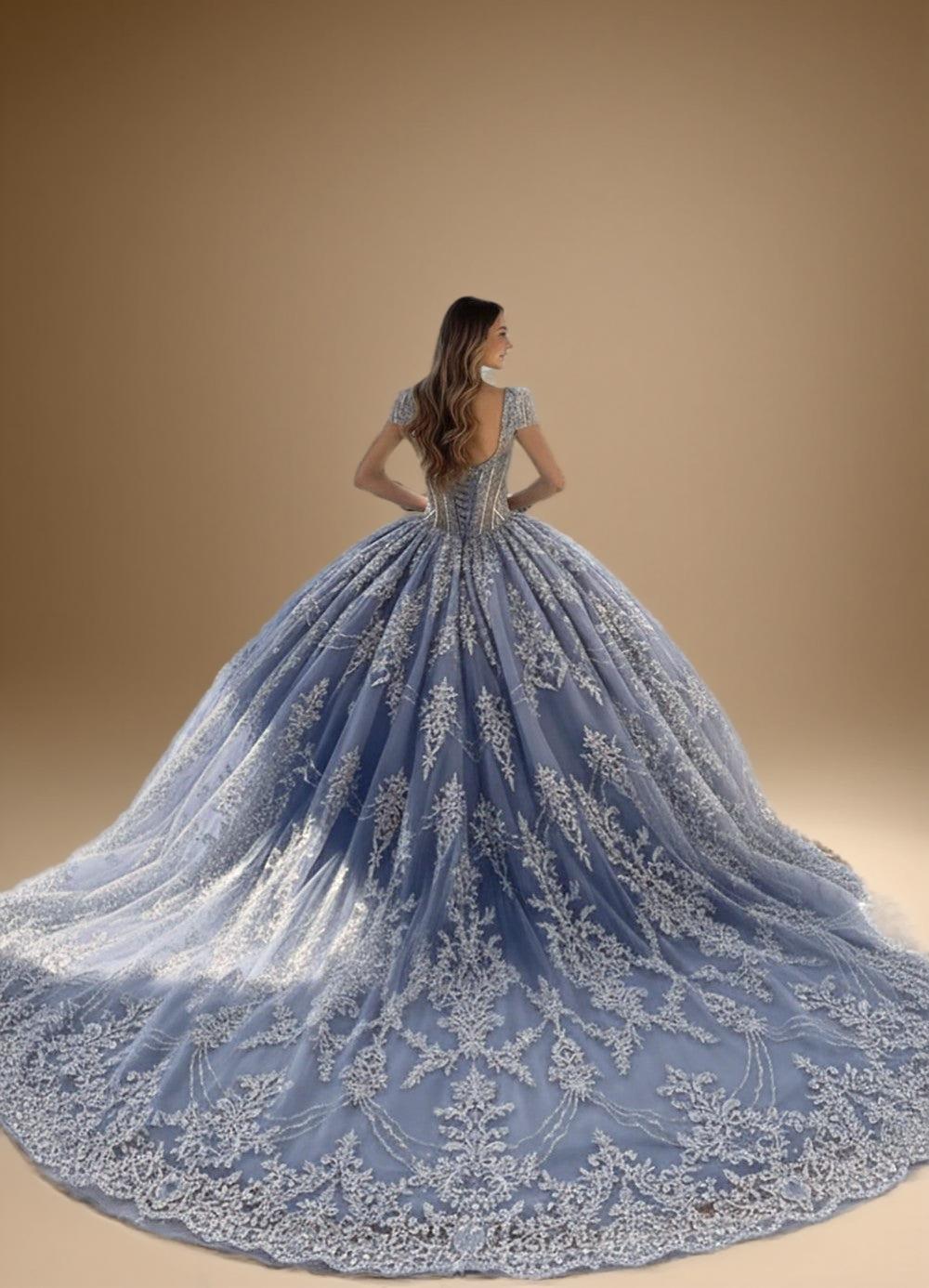 Beaded Cap Sleeve Glitter Tulle Quinceanera Ball Gown in Blue (ZD17553)