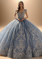Beaded Cap Sleeve Glitter Tulle Quinceanera Ball Gown in Blue (ZD17553)