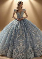 Beaded Cap Sleeve Glitter Tulle Quinceanera Ball Gown in Blue (ZD17553)