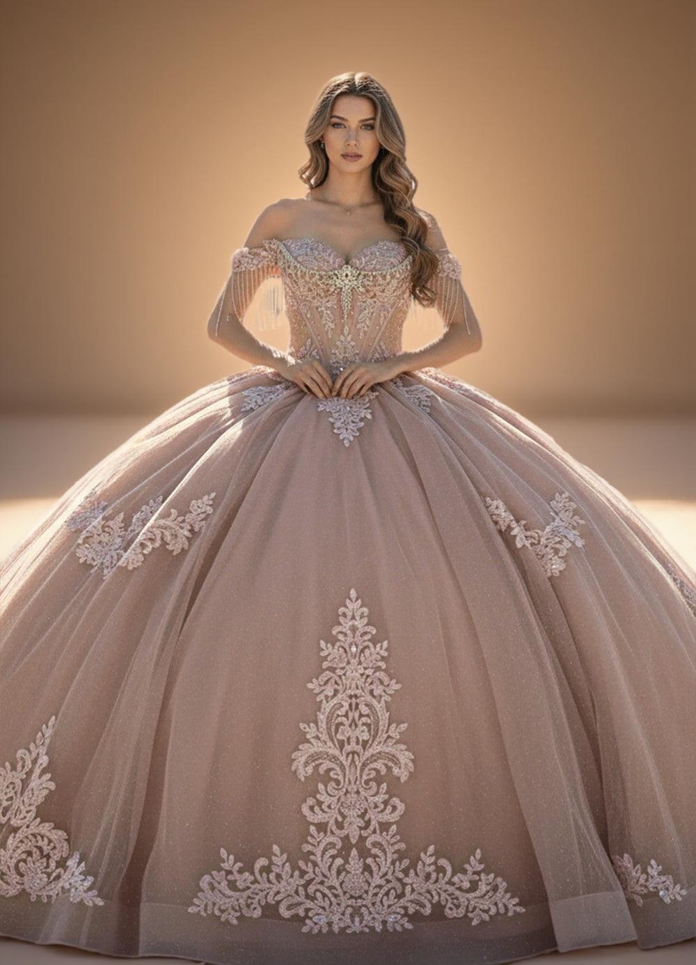 Off Shoulder Beaded Fringe Quinceanera Ball Gown in Rose (ZD17555)