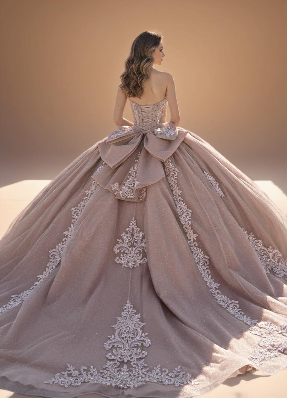 Off Shoulder Beaded Fringe Quinceanera Ball Gown in Rose (ZD17555)