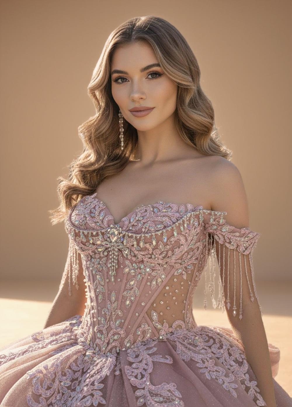 Off Shoulder Beaded Fringe Quinceanera Ball Gown in Rose (ZD17555)