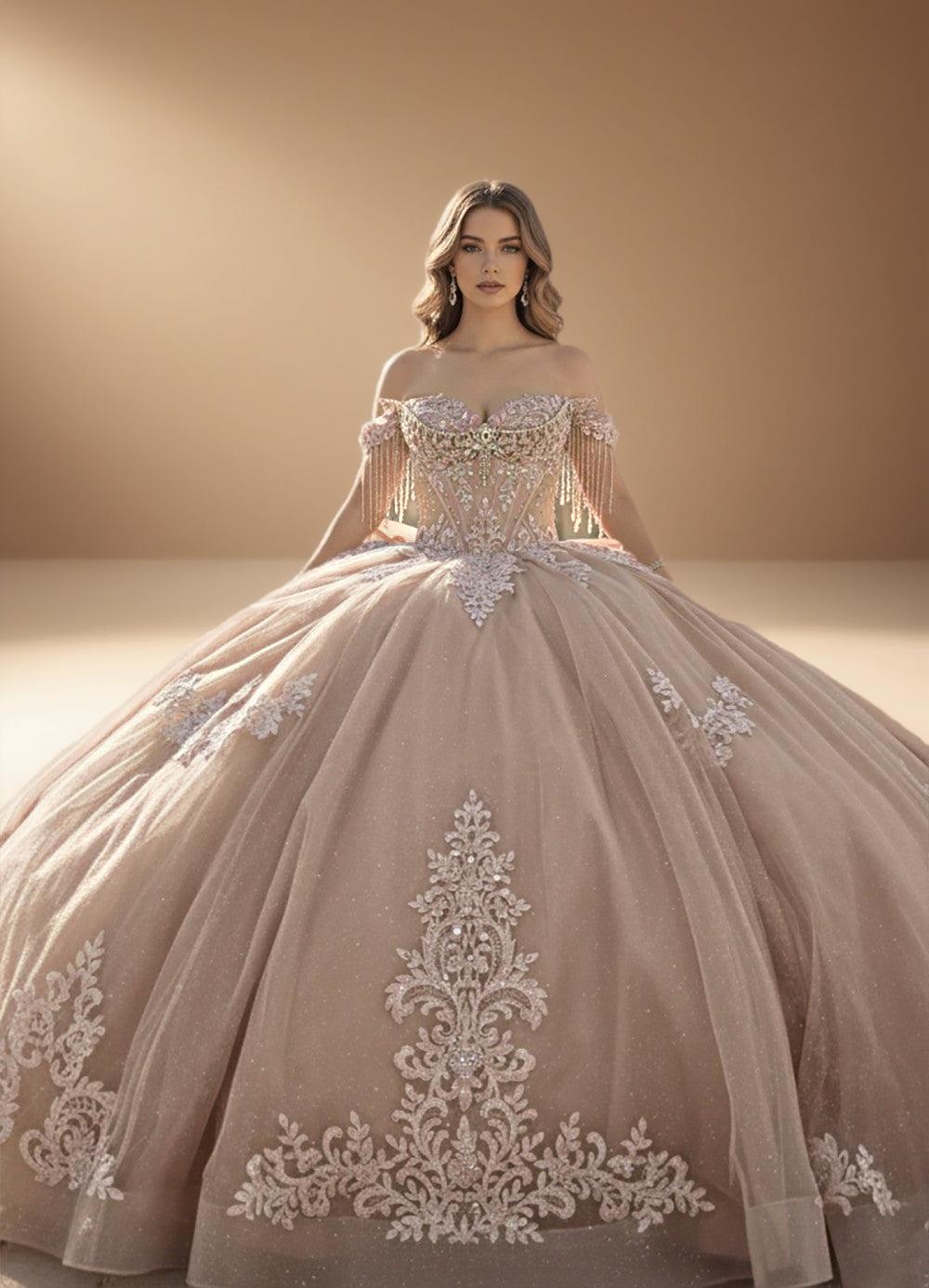 Off Shoulder Beaded Fringe Quinceanera Ball Gown in Rose (ZD17555)