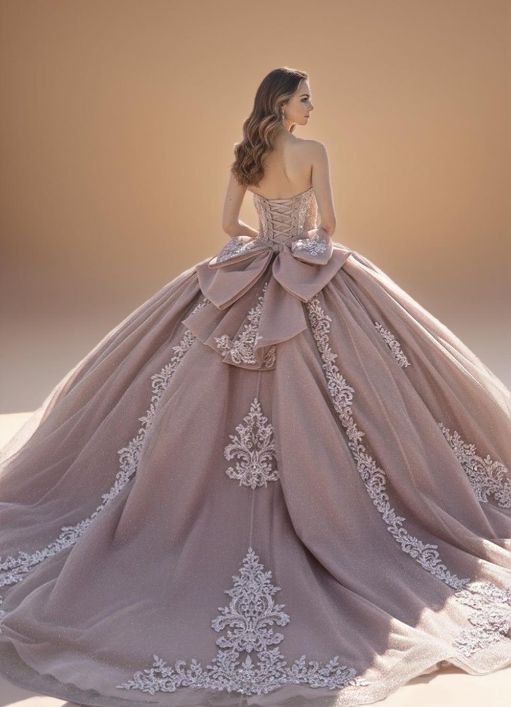 Off Shoulder Beaded Fringe Quinceanera Ball Gown in Rose (ZD17555)