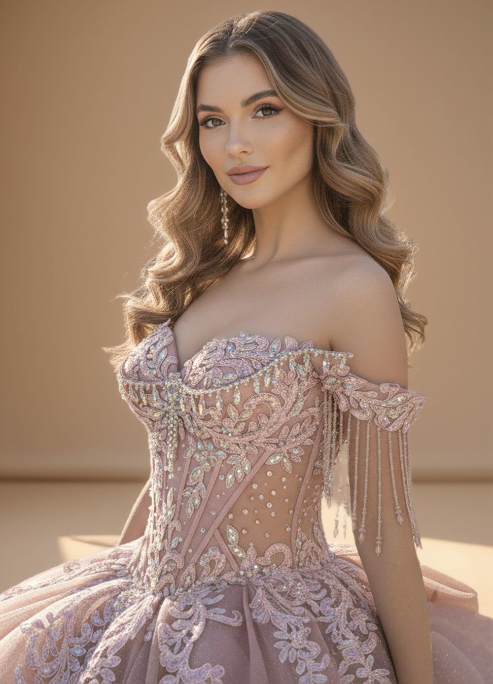 Off Shoulder Beaded Fringe Quinceanera Ball Gown in Rose (ZD17555)