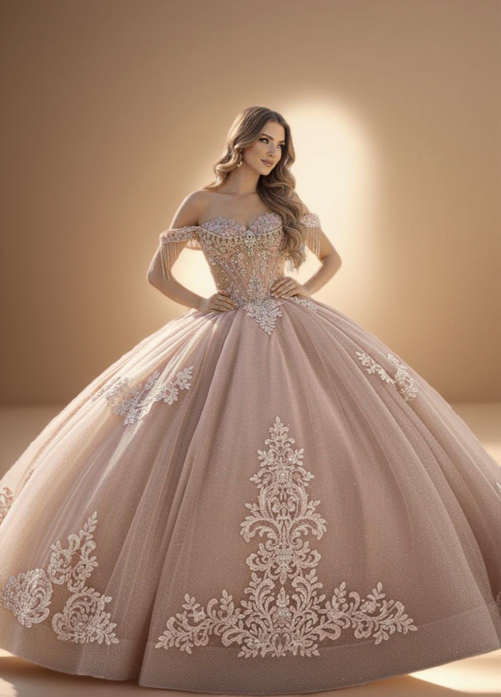 Off Shoulder Beaded Fringe Quinceanera Ball Gown in Rose (ZD17555)