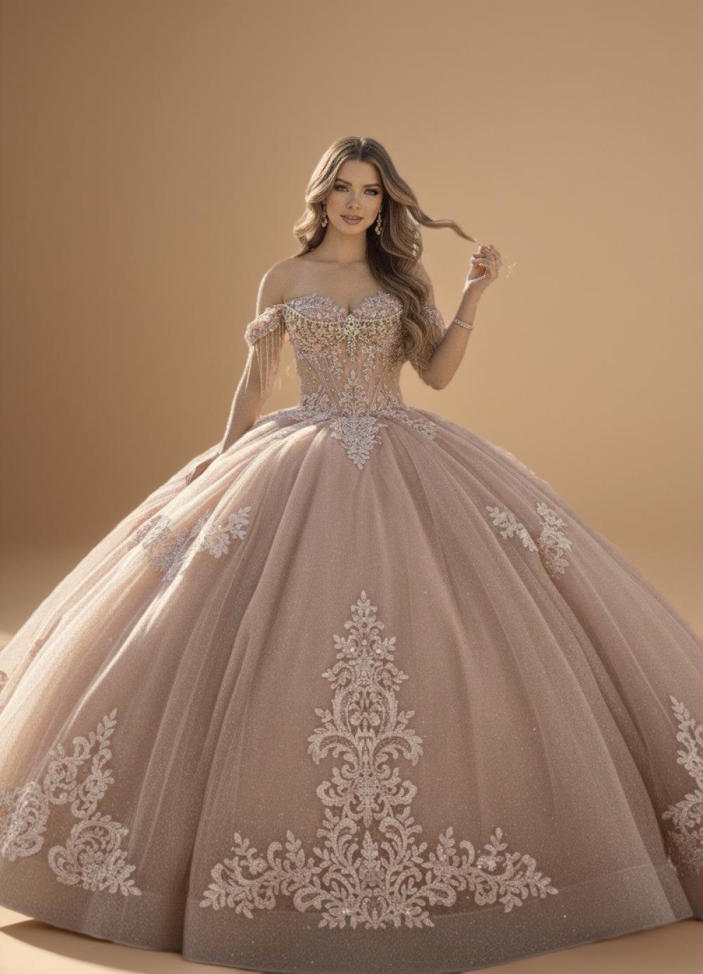 Off Shoulder Beaded Fringe Quinceanera Ball Gown in Rose (ZD17555)