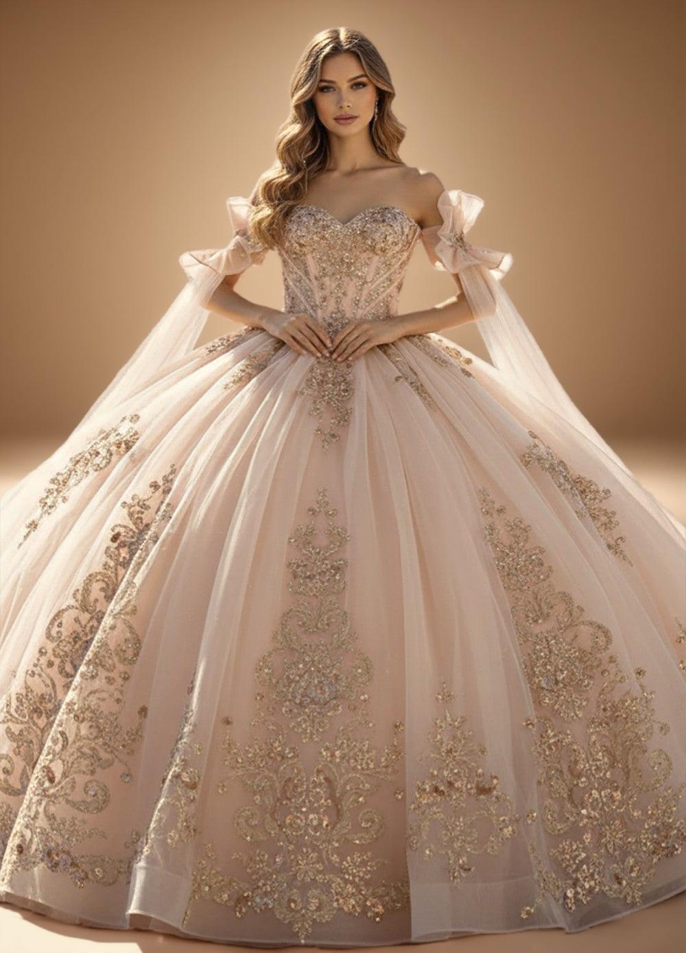 Cape Sleeve Off Shoulder Beaded Quinceanera Ball Gown in Rose Gold (ZD17556)