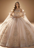 Cape Sleeve Off Shoulder Beaded Quinceanera Ball Gown in Rose Gold (ZD17556)