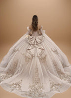 Cape Sleeve Off Shoulder Beaded Quinceanera Ball Gown in Rose Gold (ZD17556)