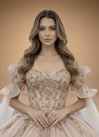 Cape Sleeve Off Shoulder Beaded Quinceanera Ball Gown in Rose Gold (ZD17556)