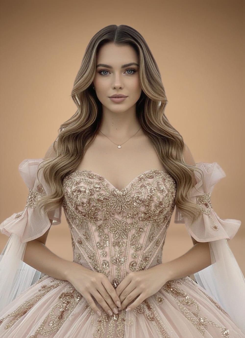 Cape Sleeve Off Shoulder Beaded Quinceanera Ball Gown in Rose Gold (ZD17556)