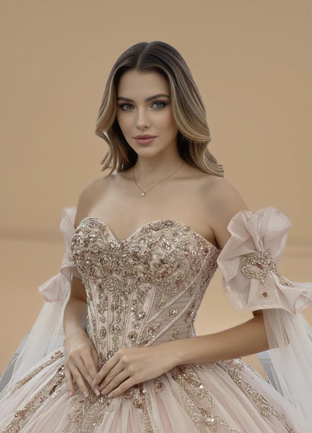 Cape Sleeve Off Shoulder Beaded Quinceanera Ball Gown in Rose Gold (ZD17556)