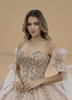Cape Sleeve Off Shoulder Beaded Quinceanera Ball Gown in Rose Gold (ZD17556)