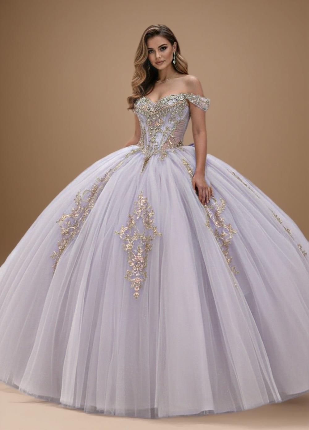Off Shoulder Corset Beaded Applique Quinceanera Ball Gown in Lilac Gold (ZD17561)